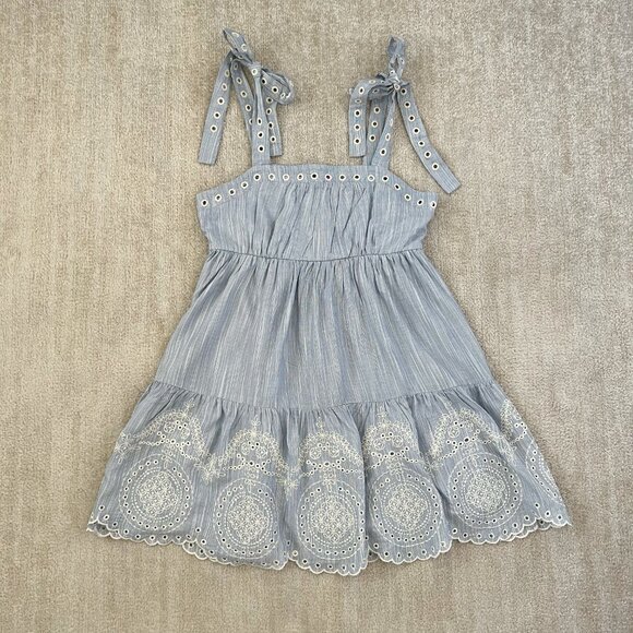 Francesca’s Mi Ami Blue White Eyelet Embroidered Mini Dress S With Bow Tie Strap - Picture 1 of 14